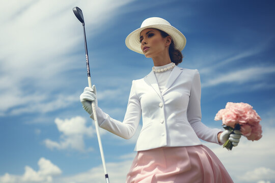 photo of a female golfer in chic golf attire, confidently swinging her club on a pristine fairway with a sense of style