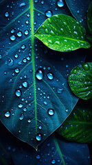 Water drops on green leaf background with copy space for text or design