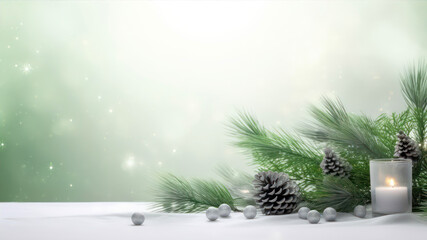 Christmas background with fir branches, cones and candles on white table.