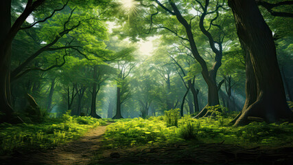 Naklejka premium Morning light in the forest with sunbeams and lens flare.