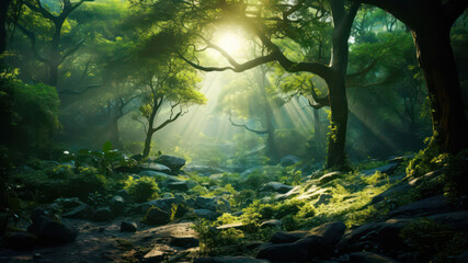 Fantasy green forest with sun rays and fog. - obrazy, fototapety, plakaty