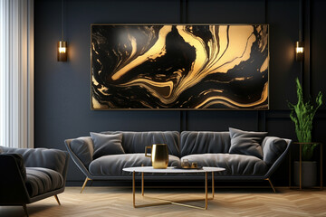 3d wallpaper for wall frames fractal flowers golden and black liquid marble background. Resin geode and abstract art, functional art, like geode painting
