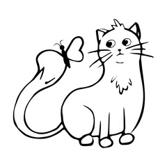 Cute cat, kitten in line doodle style emotional character isolated on white background. Comic Pet drawing.