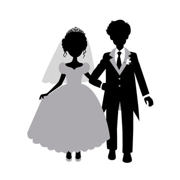 Cute wedding couple silhouette, wedding couple cute cartoon style vector illustration