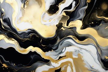 3d wallpaper for wall frames fractal flowers golden and black liquid marble background. Resin geode...