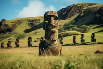 A group of moai statues standing in a serene grassy field - obrazy, fototapety, plakaty