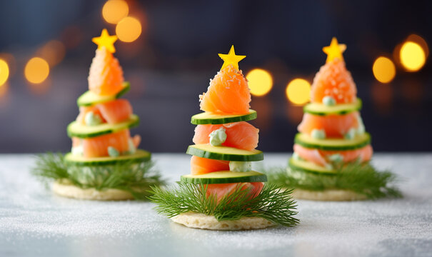 weihnachtliches H&auml;ppchen mit Lachs und Gurke beim Weihnachtsessen
