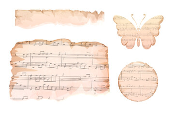 Set vintage torn paper, frames pieces paper butterfly from sheets aged with notes, melody carton isolated on white background, Scrapbook textured 