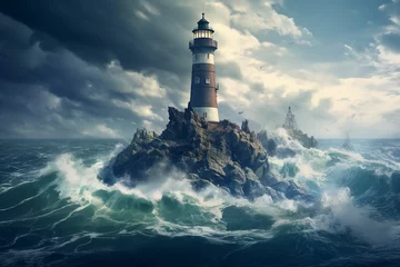 Tuinposter A lighthouse on a rock in the middle of the ocean © Rehman