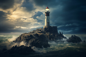 A lighthouse on a rock in the middle of the ocean - Powered by Adobe