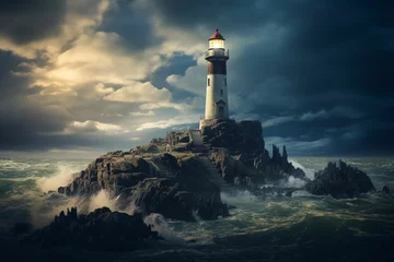 Deurstickers A lighthouse on a rock in the middle of the ocean © Rehman
