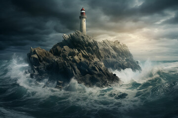 Fototapeta na wymiar A lighthouse on a rock in the middle of the ocean