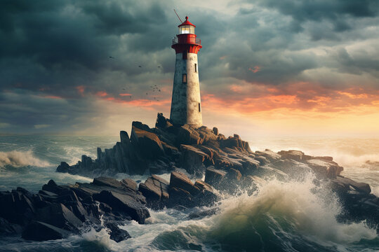 A lighthouse on a rock in the middle of the ocean