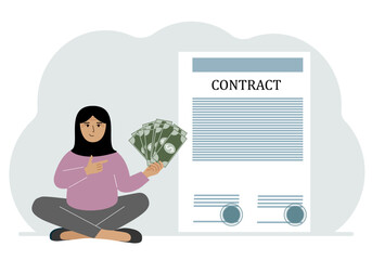 A woman receives money for a deal. Next to it is a large contract with seals. The concept of a financial agreement, signing a contract or a deal.