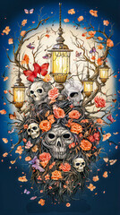 a painting of a skull surrounded by flowers and lanterns. All Souls Day poster