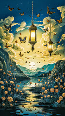 a painting of a sunset with a lantern and butterflies. All Souls Day poster