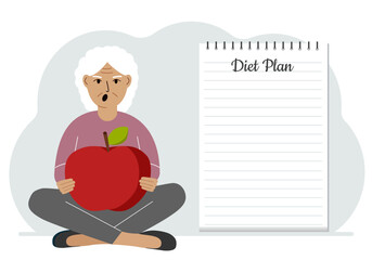 Diet plan illustration. A woman sits cross-legged and holds a large red apple. The concept of diet food, meal planning, nutrition consultation.