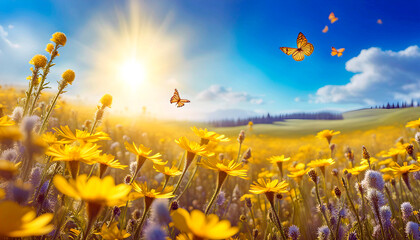 Meadow of yellow flowers with blue sky and sun rays.