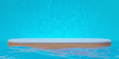 Fototapeta na wymiar Azure water wooden podium 3d render blue background