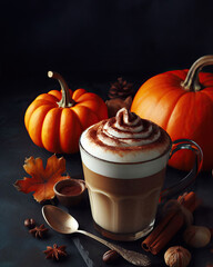 Pumpkin latte with whipped cream and spices on dark background. Created with Generative AI tools