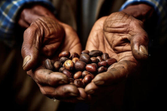 Close-up of the hands of an indigenous farmer with coffee beans.