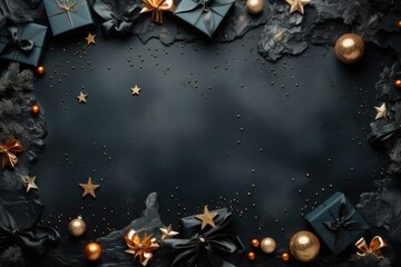 Christmas background with gold and black decorations. Top view with copy space. Created with Generative AI tools