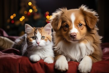 Cute dog and cat on the bed in front of the Christmas tree. Created with Generative AI tools