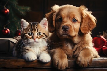 Fototapeta na wymiar Golden Retriever puppy and tabby kitten on wooden background. Created with Generative AI tools