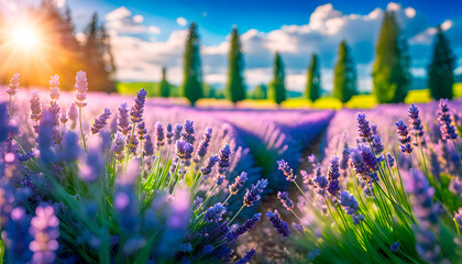 Lavender flowers blooming in the lavender field at sunset