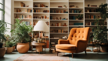 modern home library with cozy armchair and book shelves with books arranged in room with potted plant with white walls
