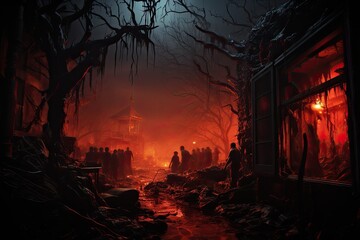 Creepy halloween background with zombies and haunted house. Created with Generative AI tools