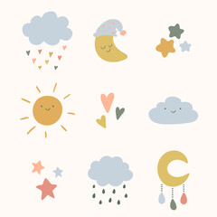 Cute boho clipart for nursery decoration with cute moons, sun, clouds. Perfect for baby shower, birthday, children's party. Bohemian elements.