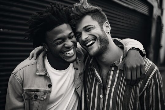 Portrait of two young men embracing each other and laughing. Black and white photo. Created with Generative AI tools