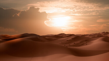 Sand dunes in the Sahara Desert at amazing sunrise, Merzouga, Morocco - Orange dunes in the desert of Morocco - Sahara desert, Morocco