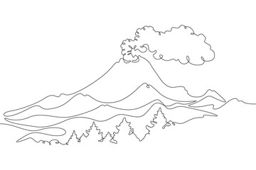 Active volcano. Eruption. Mountain landscape. Mountain Lake. Beautiful landscape. Wild nature. Wonderful lakes. High mountains. One continuous line. Linear. Hand drawn, white background.
