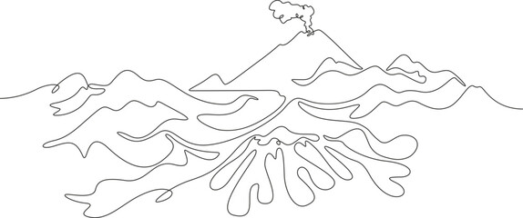 Active volcano. Eruption. Mountain landscape. Mountain Lake. Beautiful landscape. Wild nature. Wonderful lakes. High mountains. One continuous line. Linear. Hand drawn, white background. © derplan13