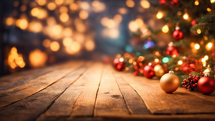 Christmas Decorations on Weathered Wooden Floor - Blurred Christmas Background