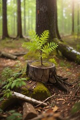 Young rowan tree seedling grow from old stump in Poland forest jungle
