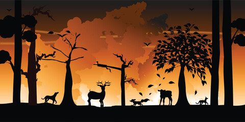 Fire in forest flat vector illustration.