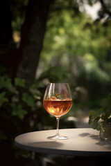 Cognac in the glass on the table outdoors on background of winery yard