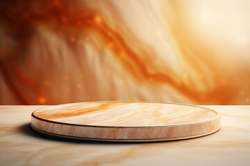 オレンジのマーブル模様の背景の中央に丸い展示台がある抽象テンプレート