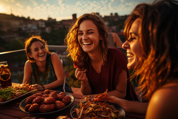 friends and family gathering on a rooftop for a barbecue, with delicious food, laughter, and a 3:2...