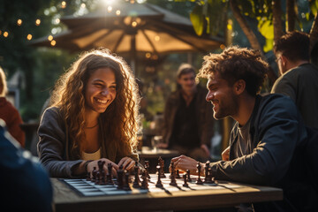 group of people playing chess on a life-sized outdoor chessboard, creating an engaging and fun atmosphere. - Powered by Adobe