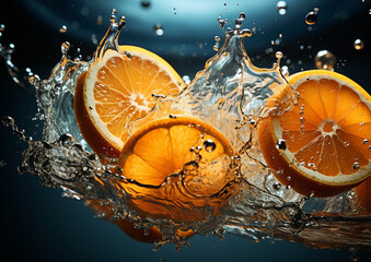 plusk wody wpadających kawałków dojrzałych pomarańczy - obrazy, fototapety, plakaty