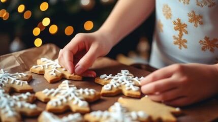Children's hands decorate Christmas cookies. - obrazy, fototapety, plakaty
