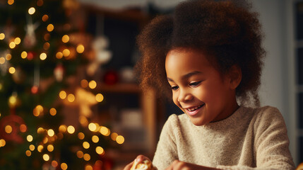 Smiling black child decorating Christmas cookies