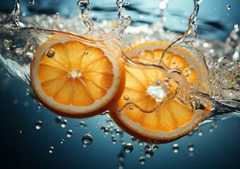plusk wody wpadających kawałków dojrzałych pomarańczy - obrazy, fototapety, plakaty