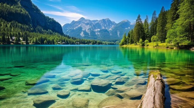 Impressively beautiful Fairy-tale mountain lake in Austrian Alps. colorful Scenery. Panoramic view of beautiful mountain landscape in Alps with Grundlsee lake, concept of an ideal resting place