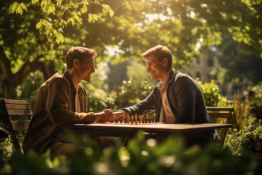 casual chess game between two friends on a park bench, surrounded by greenery and a sunny day.