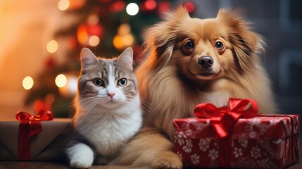 Fototapeta na wymiar Cute cat and dog near the Christmas tree and gifts. Merry Christmas and Happy New Year concept.